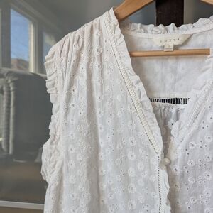 Beautiful ADIVA White Eyelet Sleeveless Top With Ruffle Trim - Size Large